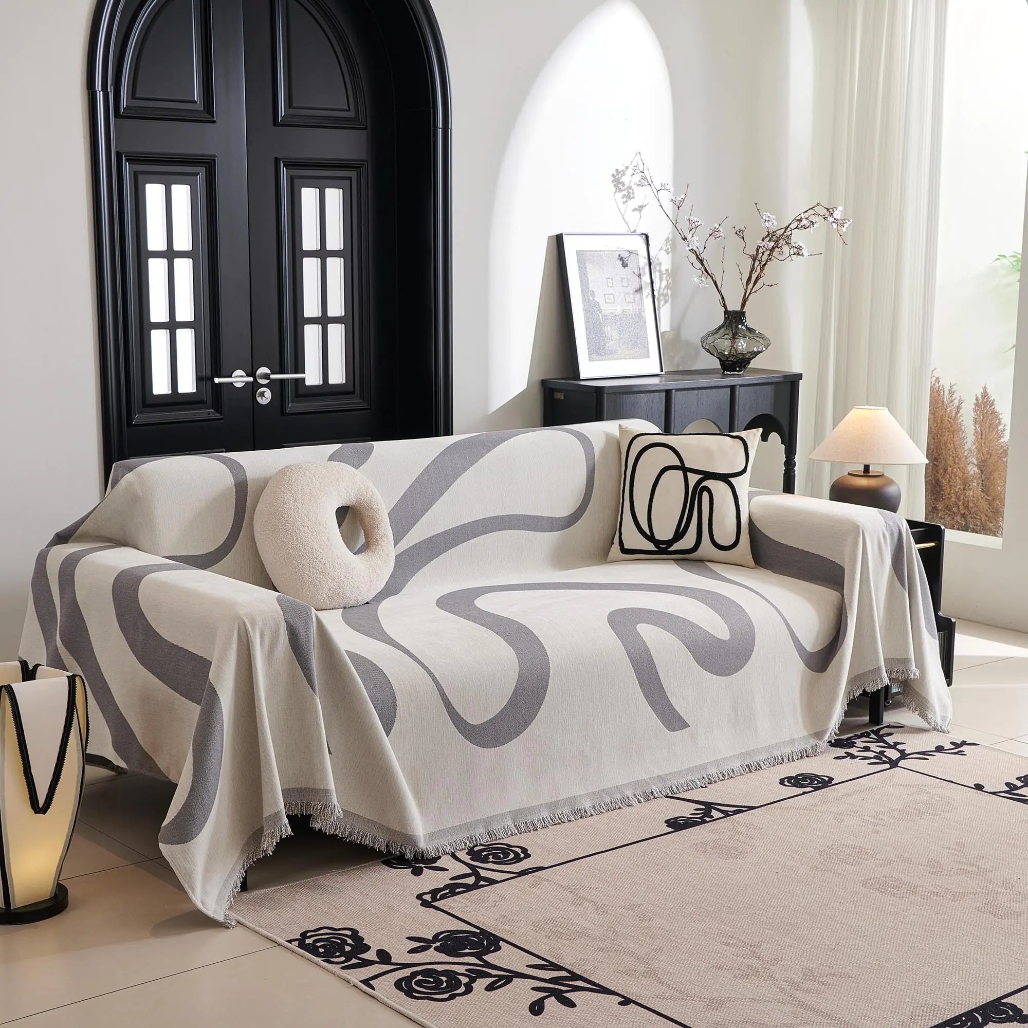 MYSKY HOME Boho Couch Cover Super Soft Couch Covers for 2-3 Cushion Couch Sofa Modern Grey Jacquard Sofa Slipcover Loveseat Futon Cover Couch Covers for Sectional Sofa 71" x 118" Grey Curve