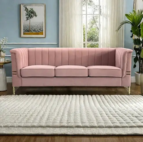 FX-P82-PKSOFAModern Designs Velvet Upholstered Living Room Sofa, 3 Seat Sofa Couch With Golden Metal Legs For Home, Apartment Or Office Pink SOFA