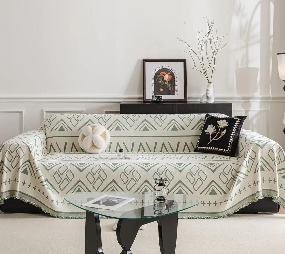 AMWAN Chenille Couch Cover with Green Boho Geometric Pattern Large Sofa Slipcover for Sectional Sofa Beige Slipcover for Dogs Pets Durable Furniture Protector Machine Washable L Shaped Sofa71"x118"