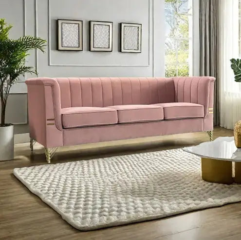 FX-P82-PKSOFAModern Designs Velvet Upholstered Living Room Sofa, 3 Seat Sofa Couch With Golden Metal Legs For Home, Apartment Or Office Pink SOFA