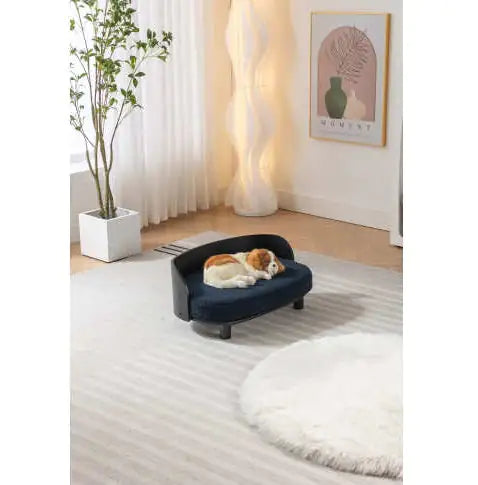 Scandinavian Style Elevated Dog Bed Pet Sofa With Solid Wood Legs And Bent Wood Back, Velvet Cushion, Dark Blue