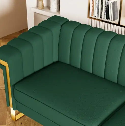 FX-P81PU-GR SOFA Modern Green PU Sofa With Gold Accents - Sleek Channel-Tufted Upholstery, 3-Seat Couch For Living Room And Office DecorTEMU Suitabl