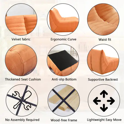 Fireside Chair, Large Bean Bag Chair For Adults, Lazy Floor Sofa For Home, Playing Bean Bag Chair, One-piece High Resillence Sponge, Flannelette Fabric, Orange