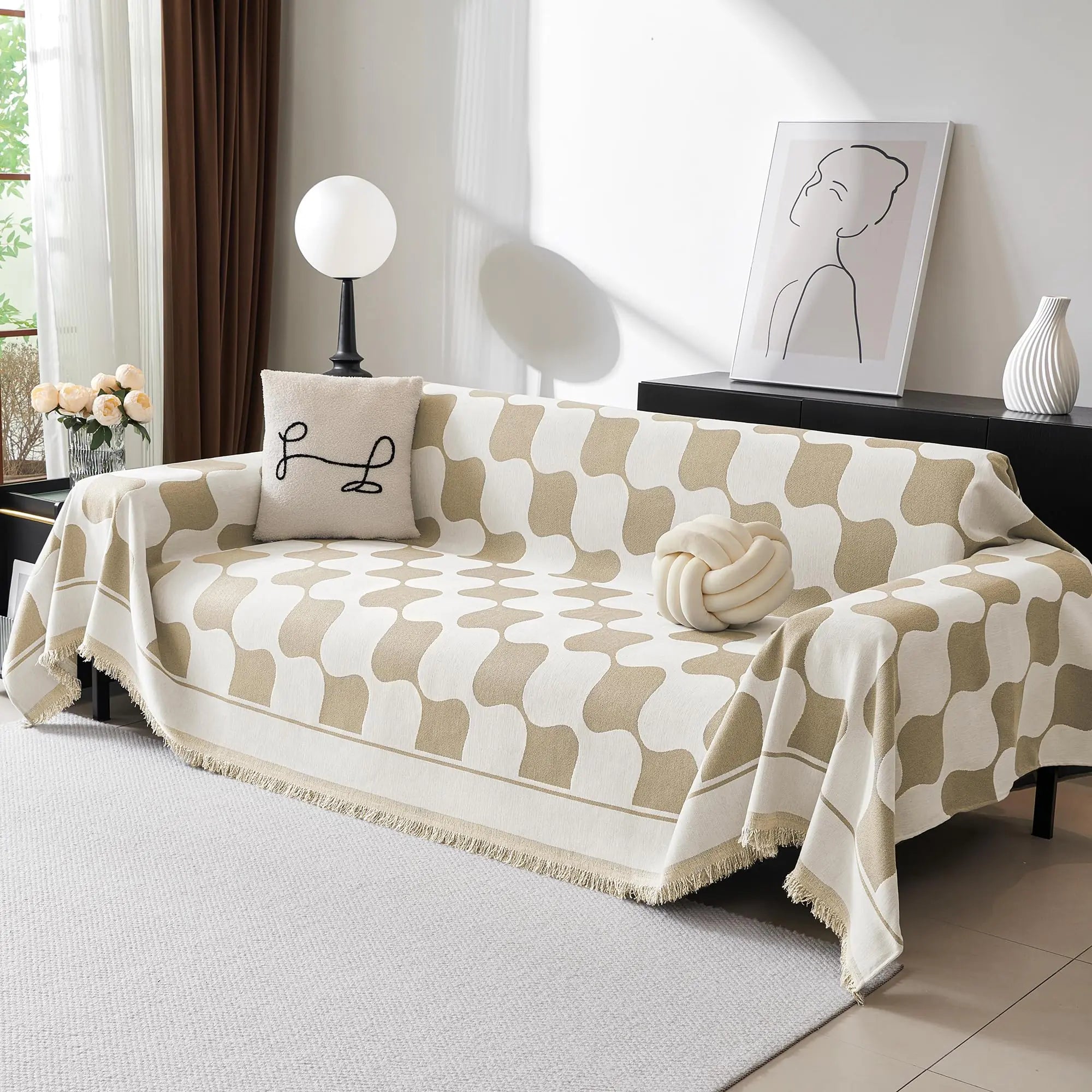 MEETSKY Couch Covers for 3 Cushion Couch Sofa Pet Friendly Super Soft Sofa Cover Washable with Tassel Edge，Modern Jacquard Chenille Sofa Slipcover for Sectional Sofa 71"x 134" Khaki Checkerboard