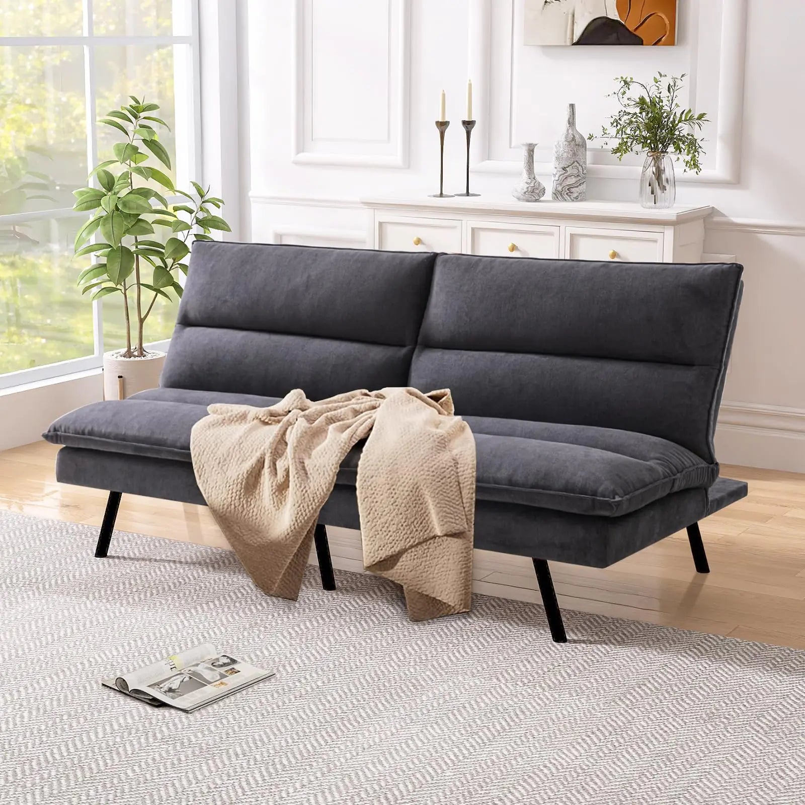 AMICLIBER Convertible Armless Futon Sofa BedLinen Fabric Memory Foam Futon Couch BedSmall Splitback Loveseat Sleeper Sofa Bed for Living RoomOfficeApartmentBlack