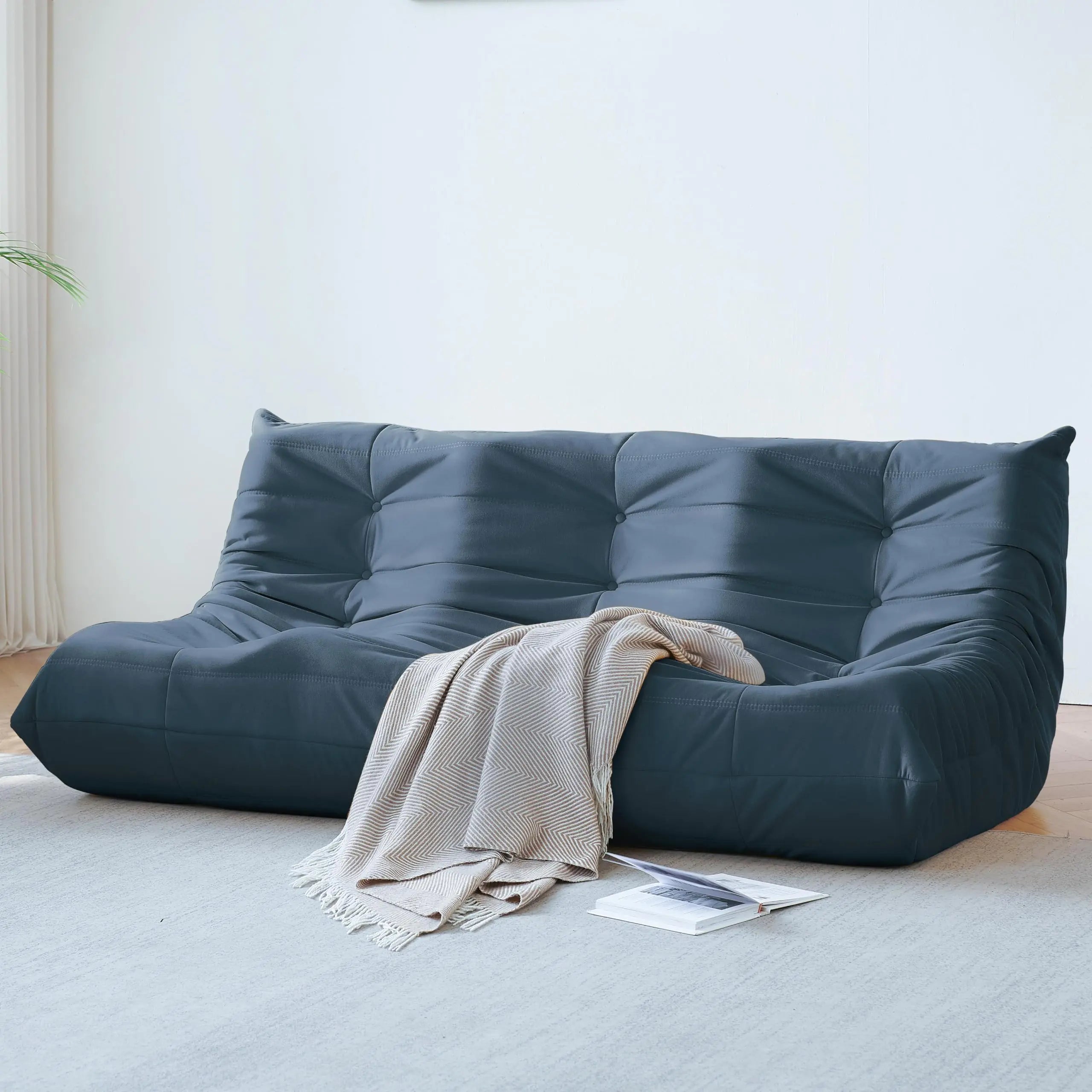 Gazecaia Fireside 3 Seater Sofa Modern Linen Fabric Bean Bag Chair Premium Microfiber Caterpillar Sofas Couch Corner Togo Sofa Lazy Chairs Sofa for Living Room/Bedroom/Salon/Office. Dark Blue