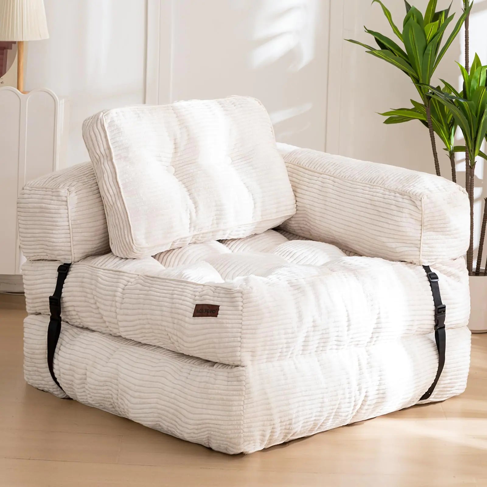 MAXYOYO Folding Sofa Bed L-Shaped Convertible Sofa Bed with Armrest Foldable Sleeper Sofa with Pillow Portable Fold Out Chair Bed Comfy Floor Sofa Lounge for Living Room Bedroom Beige