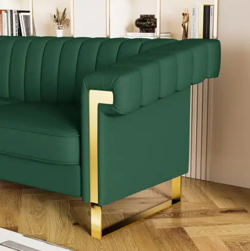 FX-P81PU-GR SOFA Modern Green PU Sofa With Gold Accents - Sleek Channel-Tufted Upholstery, 3-Seat Couch For Living Room And Office DecorTEMU Suitabl
