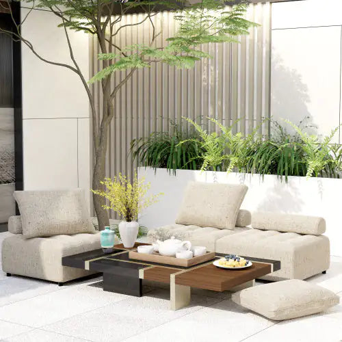 Outdoor Modular Sofa, Aluminium Structure, Support Cushion And Back Cushion Cover - Removable, Fade Resistant, With Waterproof Cover, Light Brown - Price - Based On A Single Piece