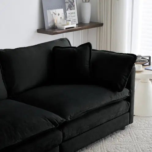 Modern Fabric Loveseat Sofa Couch For Living Room, Upholstered Large Size Deep Seat 2-Seat Sofa With 4 Pillows ,Black Chenille