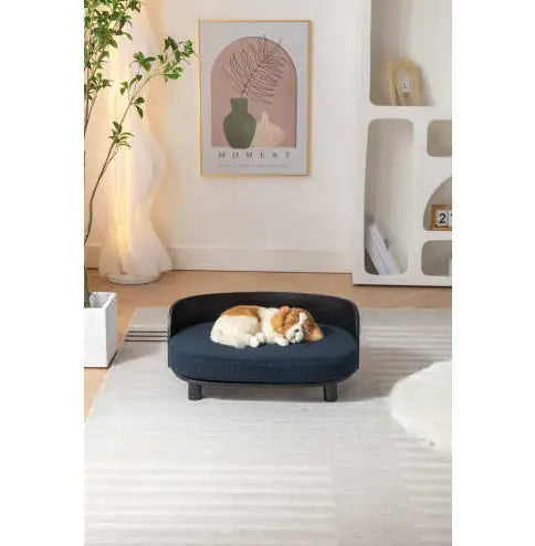 Scandinavian Style Elevated Dog Bed Pet Sofa With Solid Wood Legs And Bent Wood Back, Velvet Cushion, Dark Blue